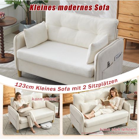 Petit canapé deux personnes de 127cm avec accoudoirs, revêtement Polyester doux, poches latérales de rangement montage facile beige (1/4)