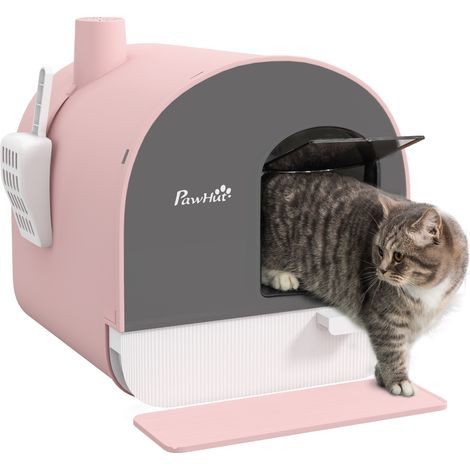 Bac à litière pour chat PawHut maison de toilette avec porte battante, pelle et filtre inclus dim. 43L x 44l x 47H cm - rose