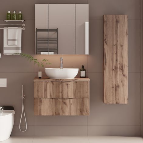 Waschtisch und Hängesäule 80cm Tao mit 2 Schubladen, Holzoptik
