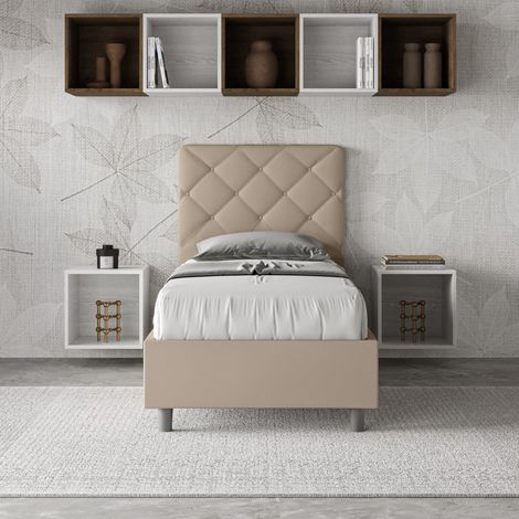 Letto singolo contenitore imbottito 80x190 similpelle tortora Priya (1/5)