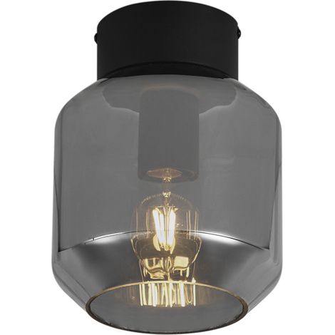 QAZQA Moderno Lámpara de techo moderna negra con cristal ahumado - Stiklo Vidrio /Acero Redonda Adecuado para LED Max. 1 x 15 Watt