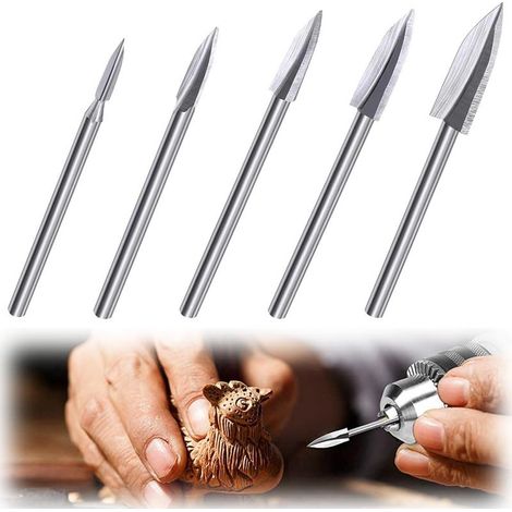 Lot de 5 forets pour sculpture sur bois avec tige de 1/8" pour outil rotatif, outil de gravure HSS, accessoires de sculpture sur bois pour bricolage, sculpture et perçage (1/5)