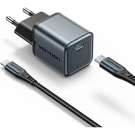 El cargador Vention Cargador GaN USB-C de 1 puerto (20W) en color gris antracita combina eficiencia y diseÃ±o compacto para satisfacer las necesidades