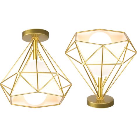 2X Lampe À Suspension Rétro Vintage En Forme De Diamant 25CM (Or) Plafonnier Industriel En Métal Et Fer E27 Pour Restaurant Et Café (1/5)