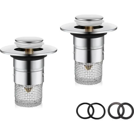 Waschbeckenstöpsel, 2 Stück Abflussfilter Edelstahl Waschbecken Stöpsel für 34-40mm Abfluss Ablauf Universal Pop Up Abflusssieb Waschbecken mit Haarsieb für Aufsatzwaschbecken (2) (1/5)
