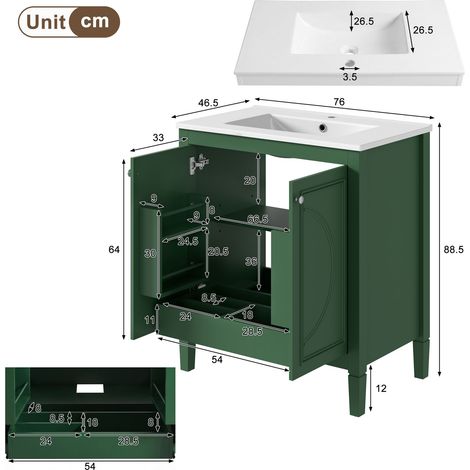 Meuble sous-vasque avec lavabo vert en mdf 76 x 46.5 x 88.5 cm HOMAIRE (1/5)