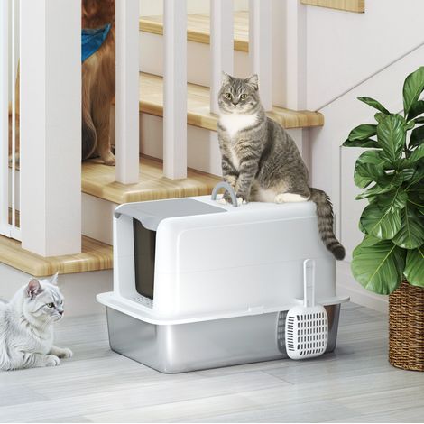 Litière pour chat avec couvercle, bac en acier inoxydable, filtre à litière intégré et pelle, grande, pour chats jusqu’à 6 kg, blanche – CHICFURN (1/5)