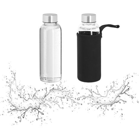 Relaxdays Glass Bottle, 2x Set, 360ml Volume Capacity, with Protective Cover Neoprene, HxD: 20 x 6 cm, Transparent/Black