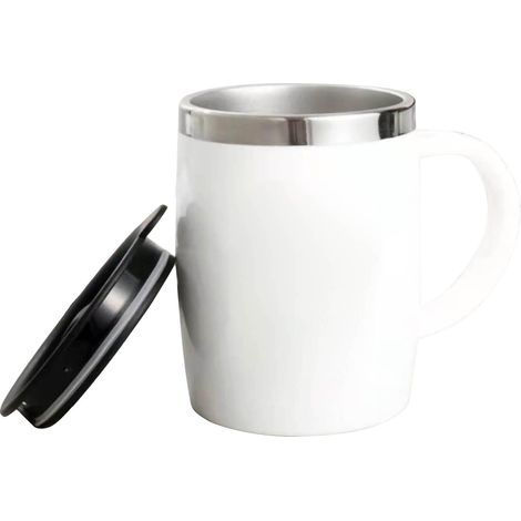 Gobelet en acier inoxydable 304 blanc 420ml avec couvercle, tasse à café mignonne et résistante aux chocs pour bureau et maison (1/5)