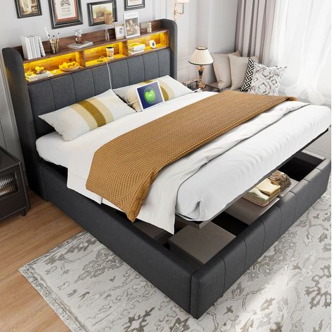 Lit coffre 160x200 LED avec USB tissu gris OKMYHOME (1/5)
