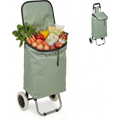Relaxdays Foldable Shopping Trolley, Removable 28 L Bag, Wheels HxWxD: 92.5 x 42 x 28 cm, sage