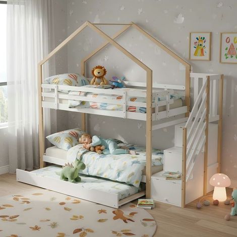 Lit superposé cabane extensible 90x200 / 90x190 cm — escalier 3 tiroirs, sommier à lattes, blanc et naturel