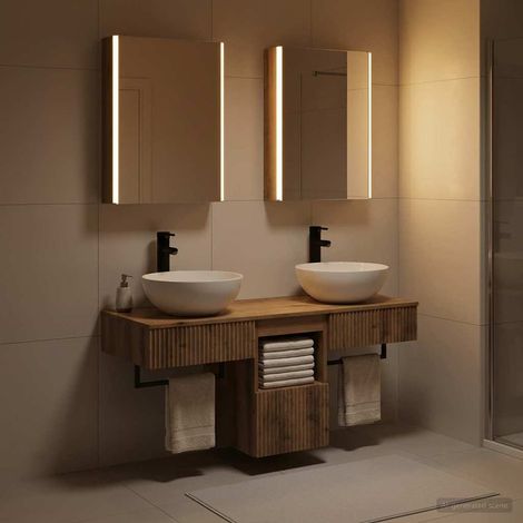 Ensemble meuble salle de bain mural 5 pièces chêne artisanal avec miroirs LED, rangement intégré, bois d’ingénierie (1/5)