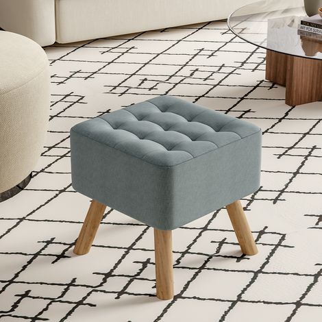 40CM Square Linen Thick Rest Padded Footstool Wooden Legs, Grey (1/5)