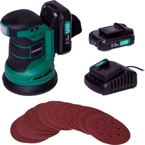 Ponceuse orbitale sans fil 20V - Ø125mm -12 feuilles abrasives, sac de récupération de poussière - 2 Batteries 2.0 Ah et chargeur inclus