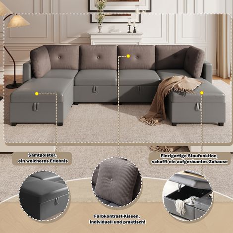 Canapé modulaire U 6 modules avec rangement,convertible en L/lit/fauteuil,velours contrasté mousse haute densité (1/5)
