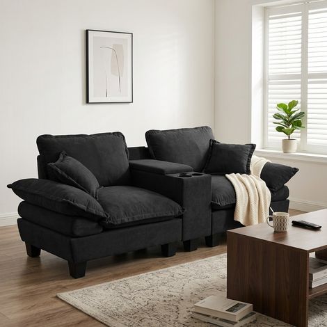 Sofá modular 224x82x90 cm negro de chenilla con almacenaje, puertos USB y portavasos (1/5)