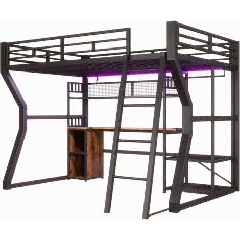 Cama alta 140 x 200 cm de metal y MDF, con escritorio, estantes, LED y enchufe, negra (1/5)