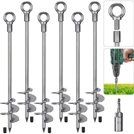 61cm Spiral Screw-In Ground Anchors 6 Pack, Heavy Duty Metal Tent Pegs for Trampoline, Camping & Shed