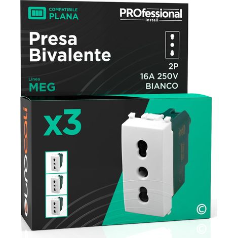 Prise électrique italienne 2P+T Bivalente 10/16 A 250 V prise de courant bipasso Pluristandard de mur couleur blanche fruits compatibles avec Vimar Plana Séries Résidentielles 618B - Lot de 3 (1/5)