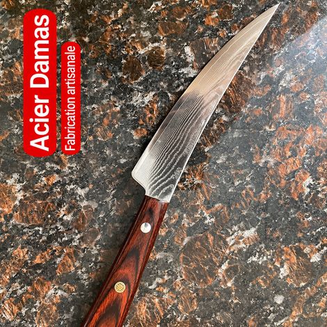 Couteau polyvalent acier Damas 67 couches forgé main lame 14,3 cm désossage découpe viande steak manche bois coloré style rétro 25 g – Livraison gratuite (1/5)