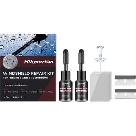 Autoscheiben-Pflegeset für die tägliche Reparatur, Instandsetzung und Wartung von gerissenen Autoscheiben – Glasreparaturkleber (40 ml x 20 ml x 2) + Härterfolie (5 Blatt) + Klingen (2) + Nadel (1) -- (1/5)