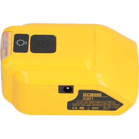 Chargeur de batterie avec lumière LED et sortie USB, adaptateur 14V-22V vers 12V DC, modèle DCB090 pour éclairage de travail. (1/5)