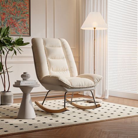 Fauteuil à bascule 75 cm – Dossier réglable en angle – Cadre métal et pieds bois – Rembourrage en tissu beige – Rocking chair scandinave (1/5)