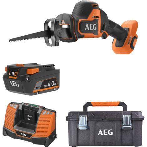 Pack AEG 18V - Sega a sciabola subcompatta senza spazzole da 23 mm - Batteria 4,0 Ah - Caricabatterie - Scatola di custo