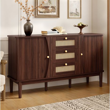 Sideboard 141/40/77 cm in Natur-Walnussoptik mit 3 Rattanschubladen und Schiebetüren (1/5)