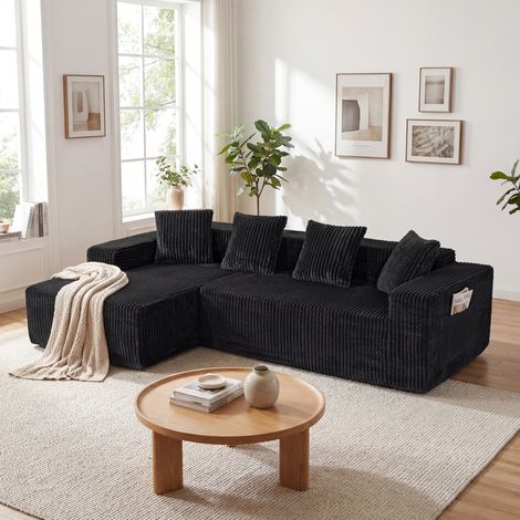 Canapé d'angle compressé 3 places velours côtelé,Canapé nuage modulaire,Chaise longue gauche,Sans assemblage,261x156x80cm,Noir (1/5)