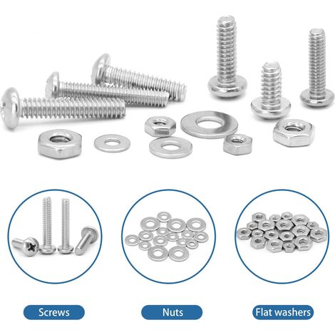 Assortiment de boulons en acier inoxydable 304 à tête bombée et Phillips, écrous et rondelles — coffret de 700 pièces (M2–M5) (1/4)