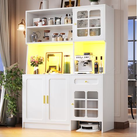 Aparador de cocina 130x45x180 cm en MDF blanco con almacenaje para comedor FloraGrace (1/5)