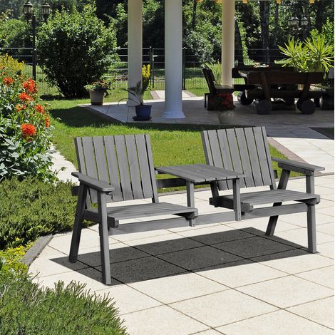 Banco de jardín de madera gris con reposabrazos, mesa central y orificio para sombrilla (1/5)