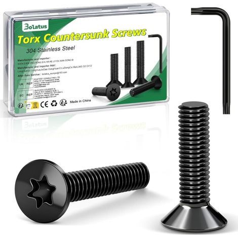 Lot de 20 vis à tête fraisée M8 x 20 mm, noires, en acier inoxydable 304, avec clé Torx et boîte conformes à la norme ISO 14581, pour machines et appareils, installations extérieures, meubles (1/5)
