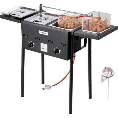 Propan-Fritteuse Outdoor gewerbliche Fritteuse mit 2 Tanks (9 L x 2), Edelstahl-Kocher mit faltbarer Plattform & Doppelkorb & Wärmeregulierung, Standfritteusen für Restaurants Snackbars