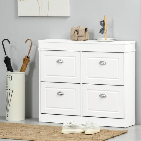 Armoire à Chaussures Meuble à Chaussures Rangement dim. 98L x 24l x 83H cm 4 Portes abattantes Double Niveau MDF Blanc (1/5)