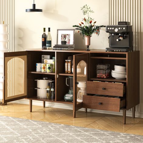 Buffet style campagne 130x40x75,5 cm – portes en rotin et pieds en bois – teinte bois (1/5)