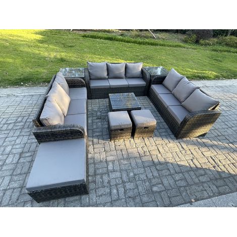 Fimous 12 Seater Rattan Outdoor Furniture Set Patio Garden Sofa Set with Square Coffee Table 3 Seater Sofa 3 Footstools 2 Side Tables Dark Grey Mixed (1/5)