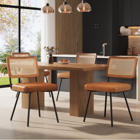 Lote de 4 sillas de comedor en PU y ratán PE, 61 x 46 x 79 cm, marrón DESVIAE (1/5)