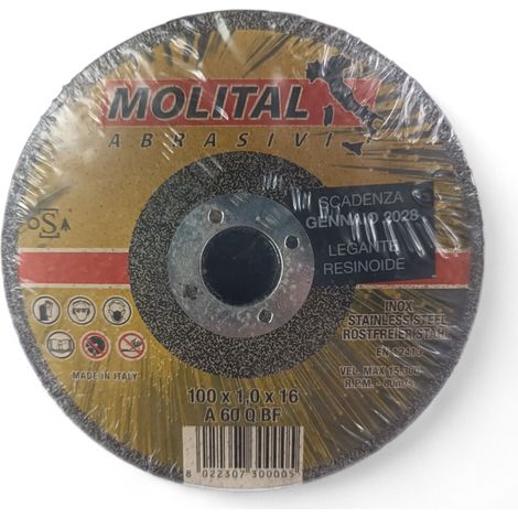 DISCO TAGLIO ACCIAIO INOX Ø100mm DISCHI CENTRO PIANO SMERIGLIATRICE MOLITAL, "100x1,0x16"