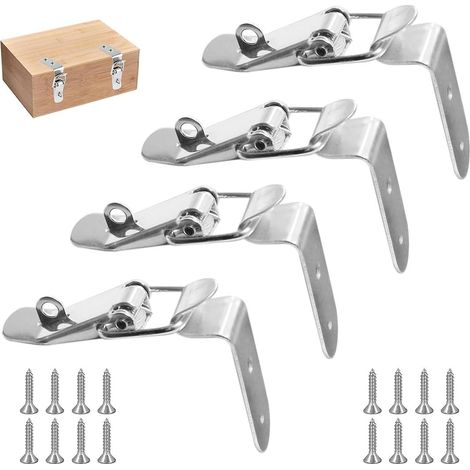 4 Pièces Fermeture à Levier à Pression, Fermoir à Bascule en Alliage 90° Argenté 76mm x 24mm avec 16 Vis et Trou de Serrure pour Valise, Boîte à Outils, Armoire, Commode, Caisse en Bois (1/5)