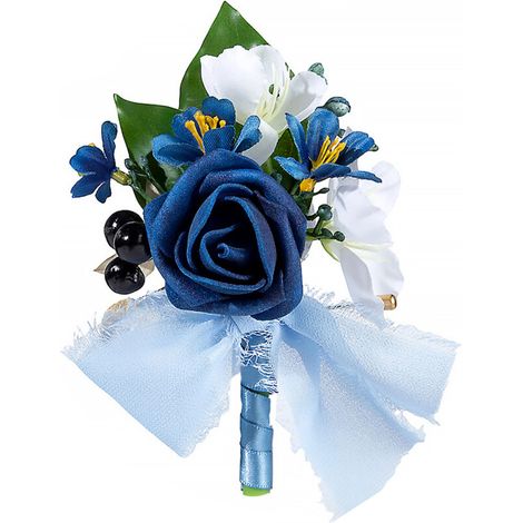 Elegante corsage nuziale per gli sposi con fiori blu reale