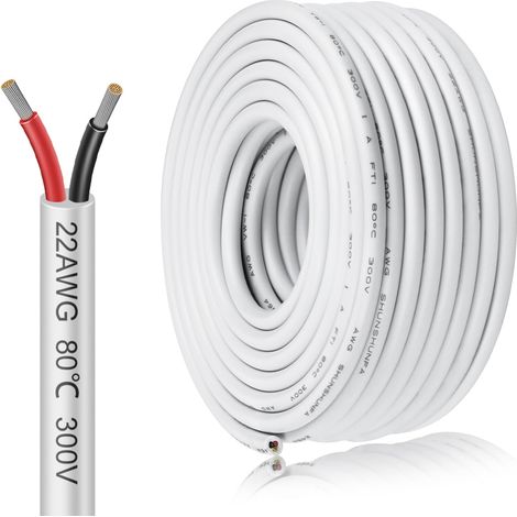 Câble électrique 22 AWG 2 conducteurs, 2×0,3 mm², 10 m, Fil en cuivre étamé blanc, 5V / 12V / 24V, 300V, Câble flexible et souple résistant à haute température pour extérieur (1/5)