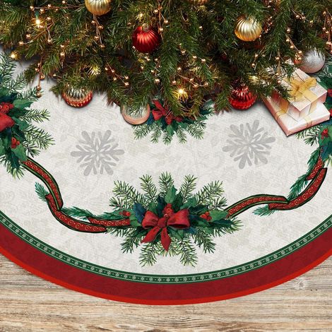 Jupe de sapin de Noël 91 cm (36 pouces) - Jupe de sapin crayon à motif de houx et ruban, tapis de sapin festif d'hiver avec motif de feuillage et de flocons de neige pour décorations de fêtes de fin d (1/5)