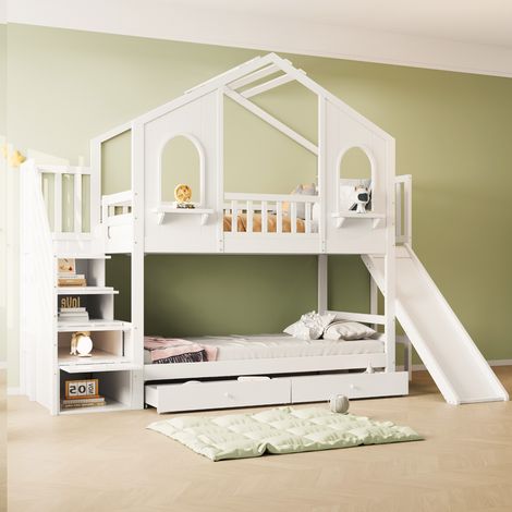 MODFU - Lit superposé cabane 90×200 cm, lit enfant 2 places avec toboggan et 2 tiroirs, échelle de rangement, sans matelas, pin blanc (1/5)