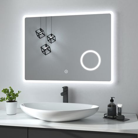 Heilmetz Espejo de baño con luz LED y lupa 3X, 80 x 60 cm, con interruptor táctil y antivaho, 3 colores de luz, regulable, 3000-6500K