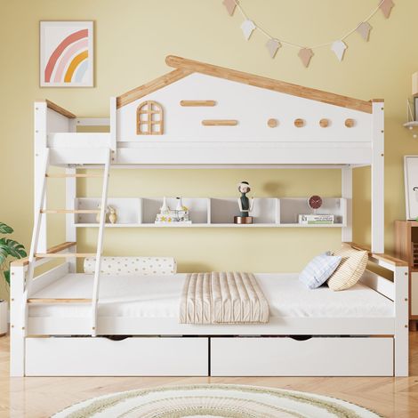 Lit superposé enfant 90x200cm+140x200cm, avec 2 tiroirs de rangement et escalier, barrière de sécurité, étagères ouvertes, lit enfant avec fenêtre, cadre de lit, pin + MDF - Blanc + Naturel (1/5)