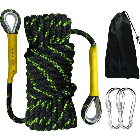 Corde Statique 12mm 20m – Kit de Sécurité pour Corde d'escalade 2 mousquetons acier + sac. Usages : alpinisme, camping, sauvetage – Noir tressage fluorescent vert à effet réfléchissant (1/5)
