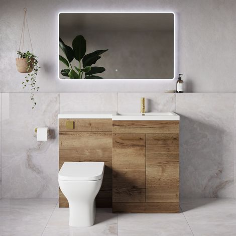 Napoli 390 Tobacco Oak 1100mm 2 Door Vanity Unit Toilet Suite with Square Right Hand Lucia Basin - 1100mm - Brushed Brass 160mm HandleWith Kingston Toilet Pan and Seat